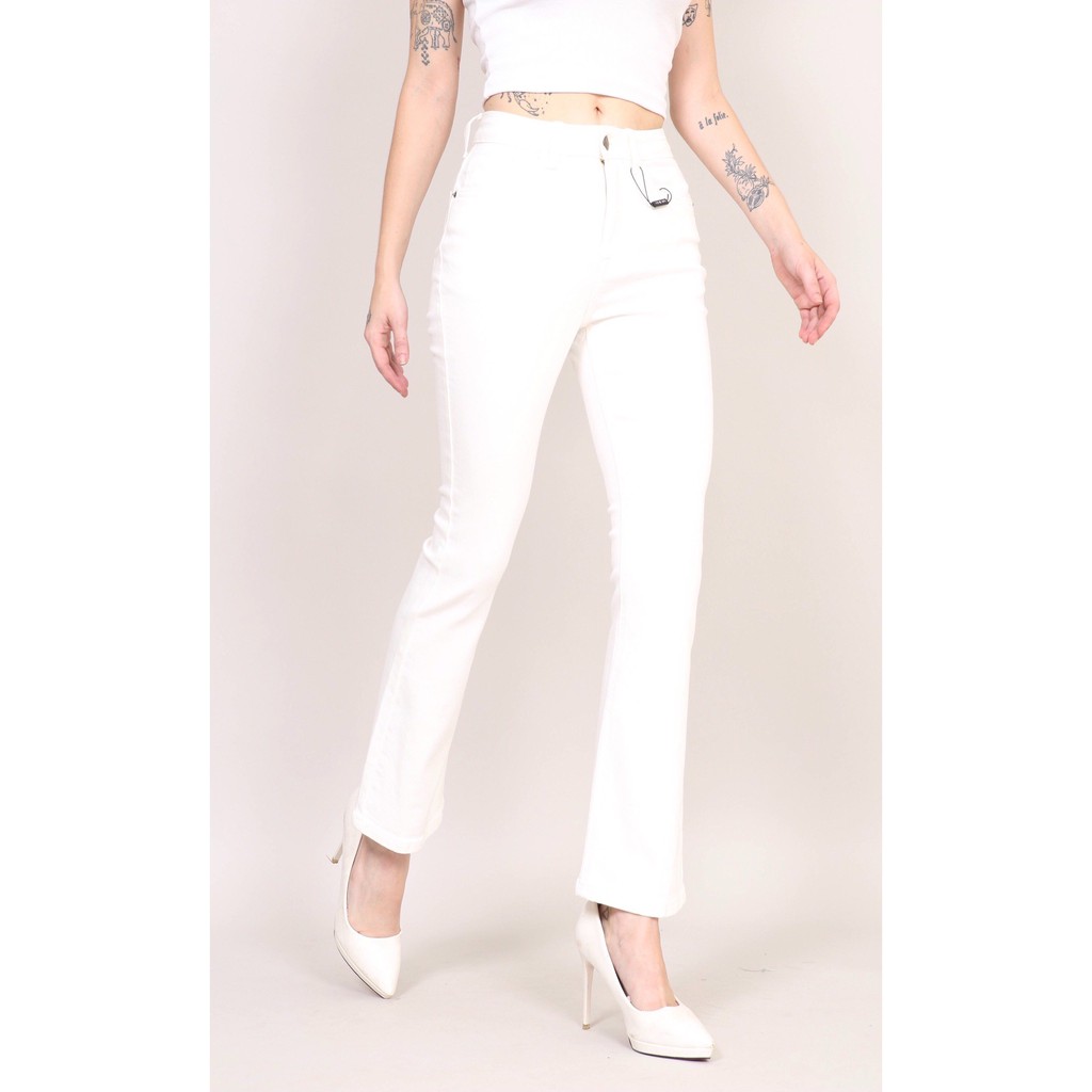 Quần Jeans Nữ Ống Loe Cạp Cao Co Giãn Trắng Trơn Gấu thường CT Jeans