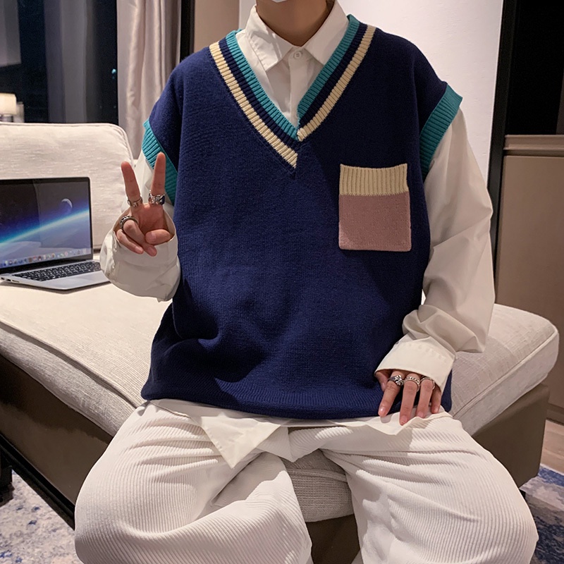 Áo khoác len không tay cổ chữ V màu sắc thời trang dành cho nam unisex áo len nam hàn quốc unisex áo len nam hàn quốc