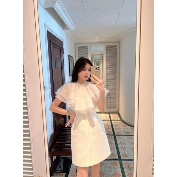 Đầm dự tiệc bèo cổ đính hoa cao cấp Satin Dress