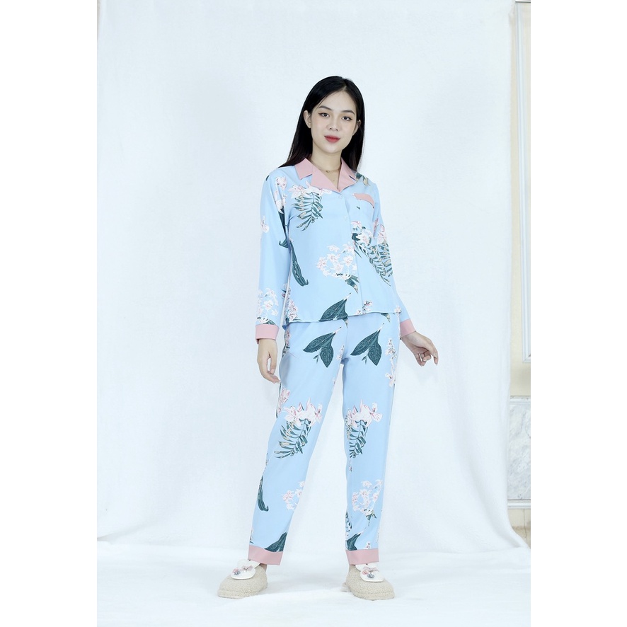 [HÌNH THẬT 100%] Bộ đồ Pijama nữ dài họa tiết NỀN XANH HOA LÁ- vải siêu lụa cao cấp - Cực Kì Sang Chả