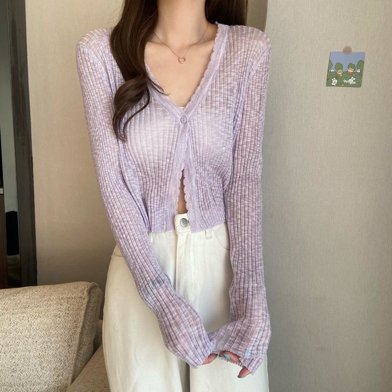 Temperament gentle wind light thin breathable sunscreen long-sleeved knitted cardigan women's summer new V-neck short white top