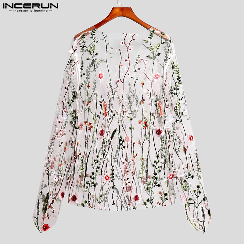 Áo thun INCERUN tay dài phối lưới xuyên thấu thêu hoa quyến rũ cho nam