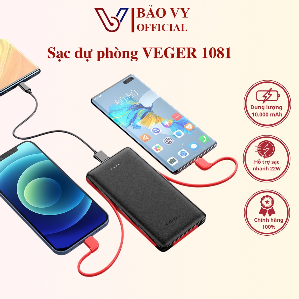 Cục sạc dự phòng 10000mah Veger VP1081, Pin dự phòng chính hãng có dây sạc iphone typec tích hợp sạc nhanh 2A - BAOVY