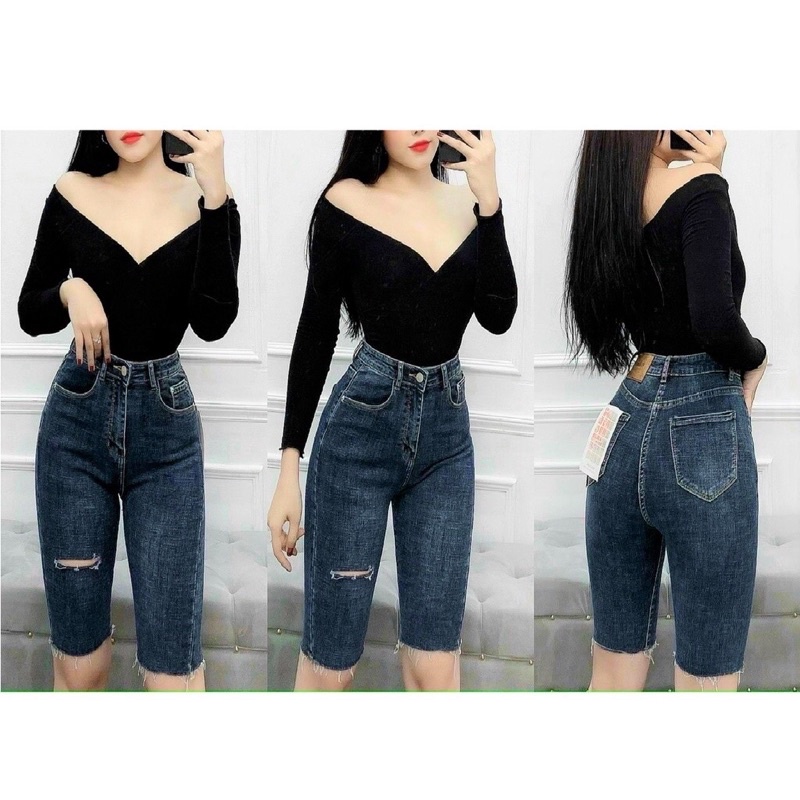 Quần Jean Ngố Co Giản Rách 1 Đường Lưng Siêu Cao