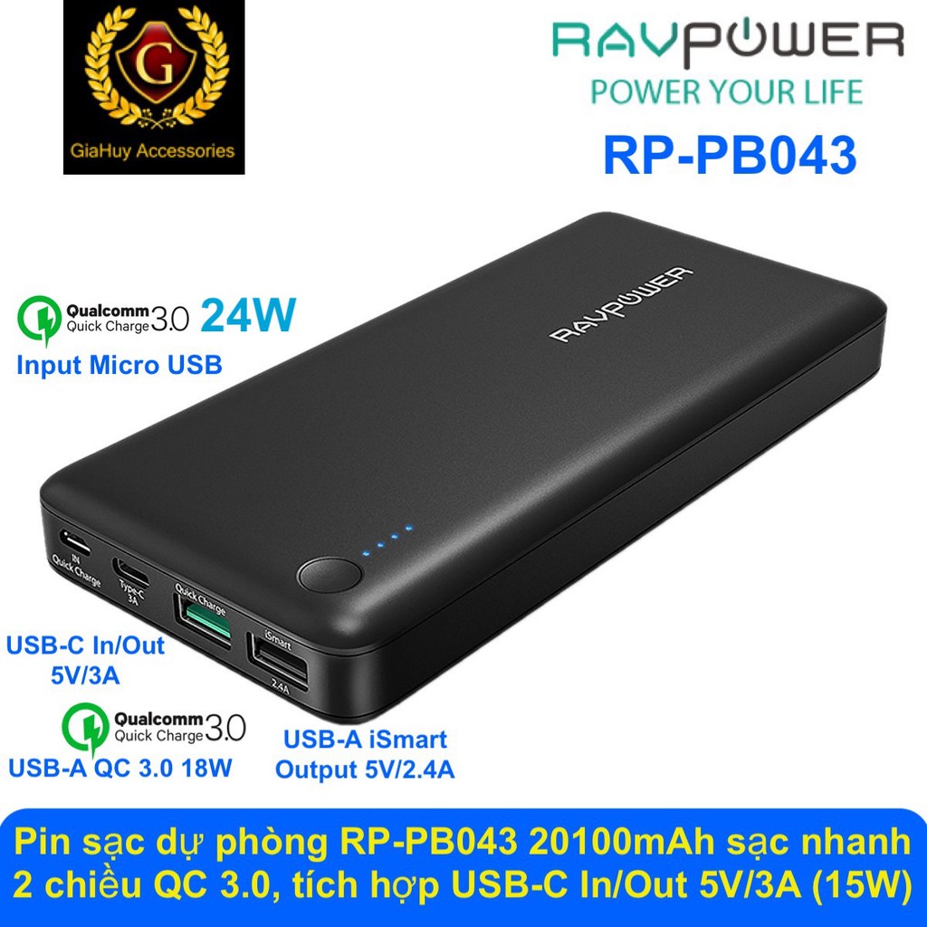 Pin sạc dự phòng RAVPower RPPB043 20100mAh QC 3.0 18W &amp; USBC 5V/3A (In/Out)