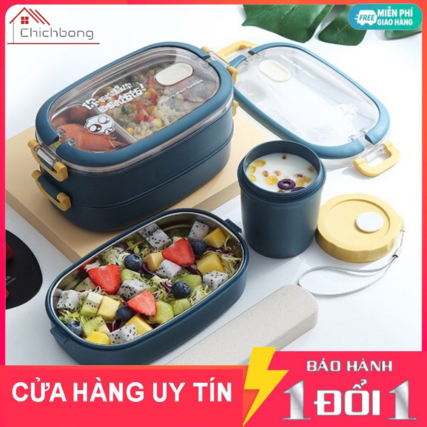 {FREE SHIP từ 50K}Hộp Cơm Chia Ngăn Cách Nhiệt 2 Tầng Inox
