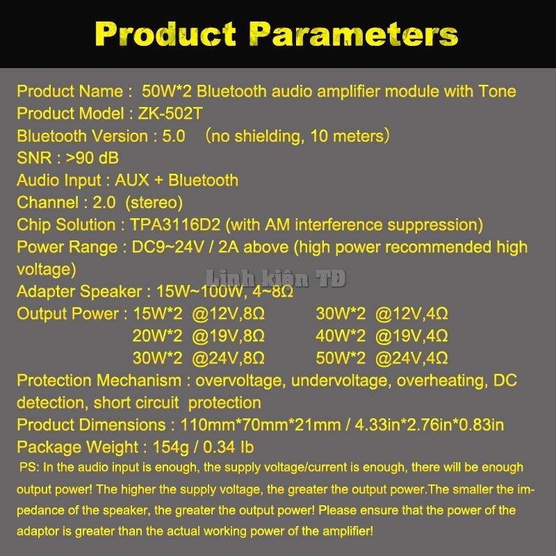 Mạch khuếch đại Bluetooth 2.0 TPA3116D2 ZK-502T 50Wx2
