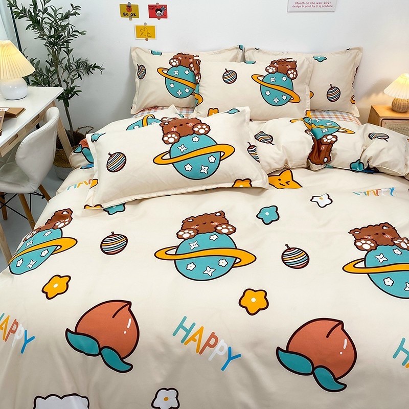 Bộ Drap &amp; Chăn Phao Cotton Poly Gấu Vũ Trụ