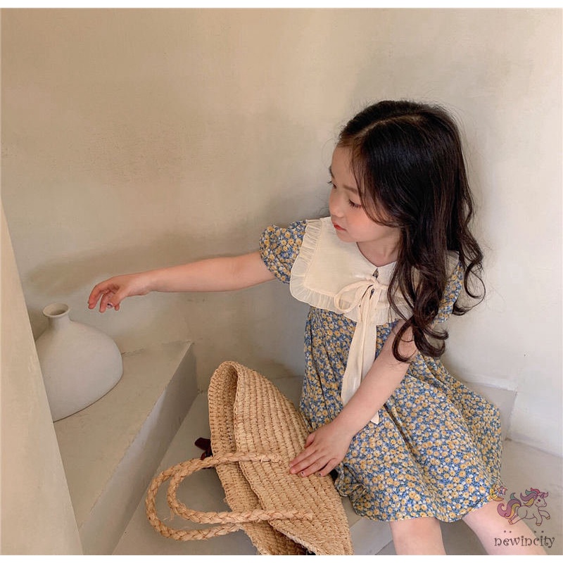 Đầm Tay Ngắn Thắt Nơ In Hoa Phong Cách Hàn Quốc Thời Trang Mùa Hè Cho Bé Gái