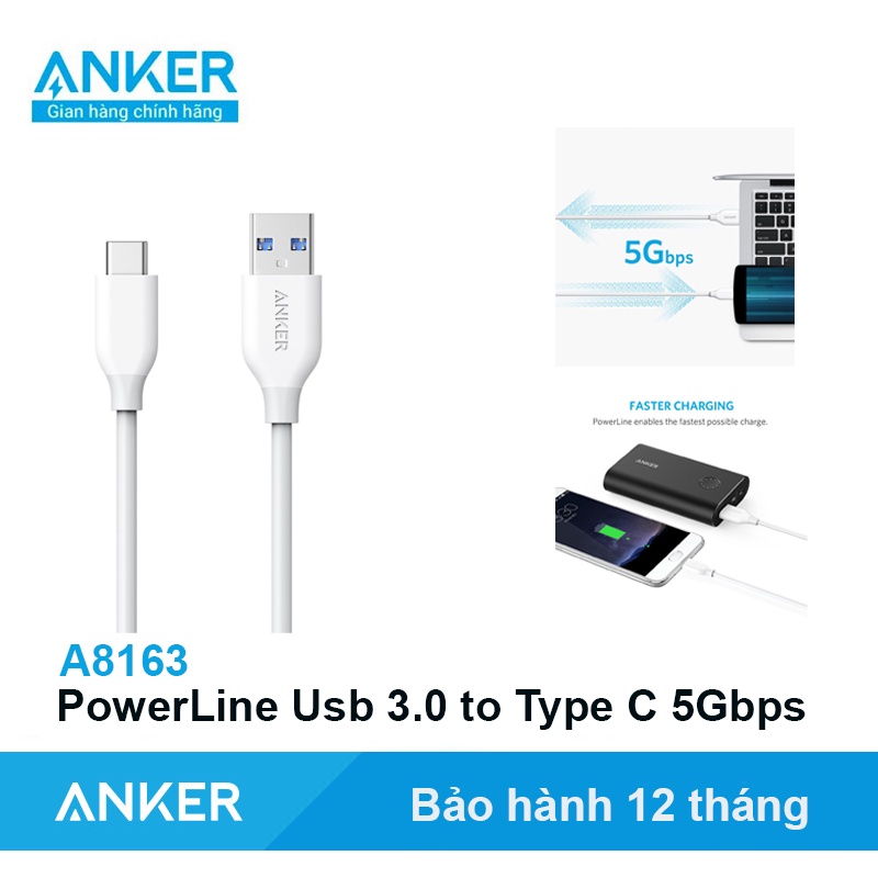 Cáp Anker PowerLine Usb 3.0 to Type C 5Gbps Sạc nhanh QC3.0 15W 18W Samsung - Mã A8163