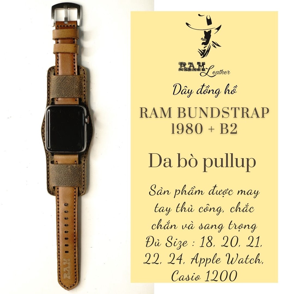 Combo Dây đồng hồ RAM Leather vintage B2 1981 kiểu quân đội da bò nâu đỏ