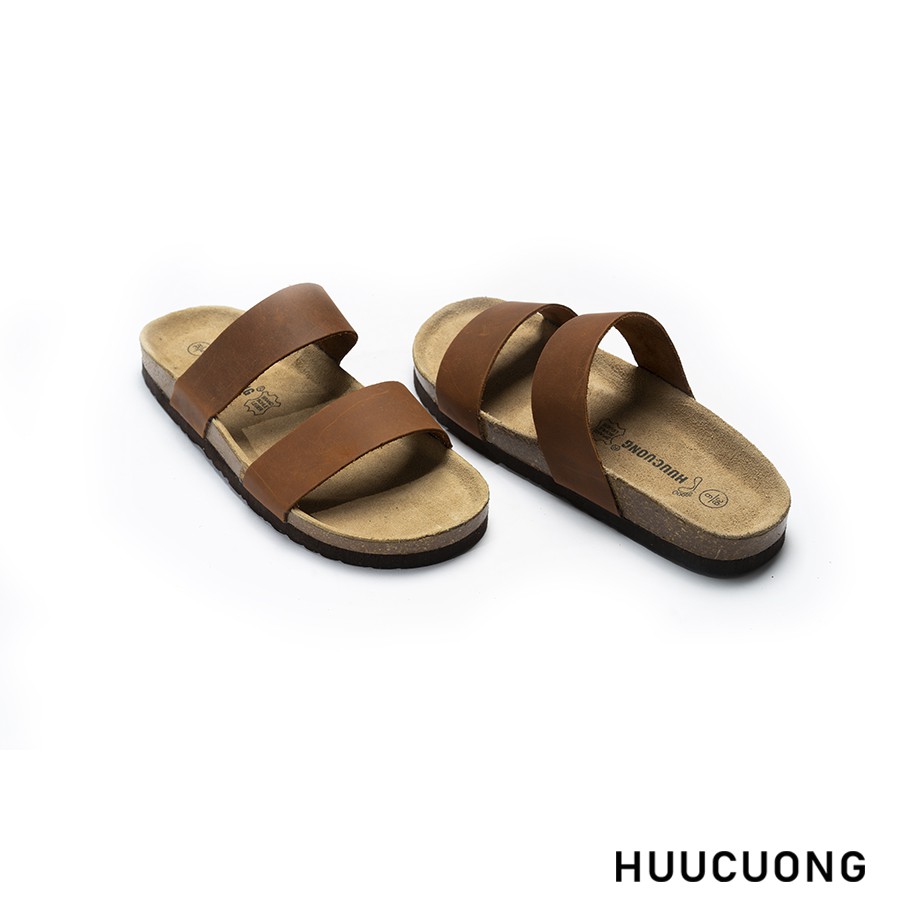 Dép unisex HuuCuong 2 quai da bò nâu đế trấu