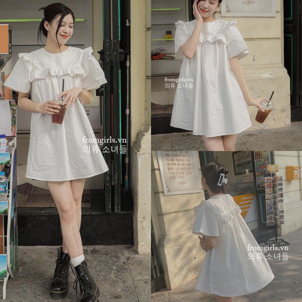 Đầm baby doll trắng, váy babydoll xòe xếp ly ngang ngực vải thô mát mịn - V62