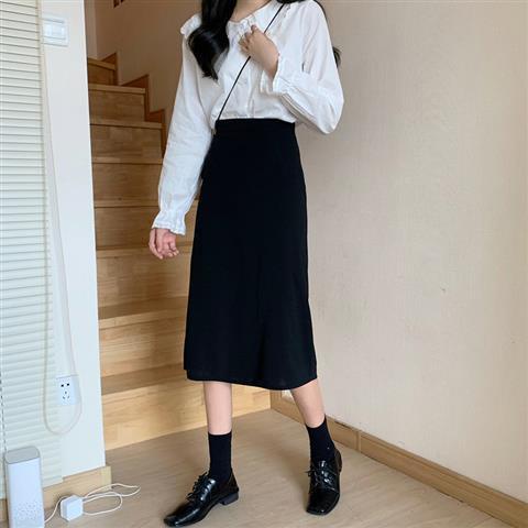 [Spot] Kiểu mới cộng với size / béo mm / dài vừa phải / đen / váy / cạp cao / xẻ tà / váy chữ A / váy một bước ngang hông