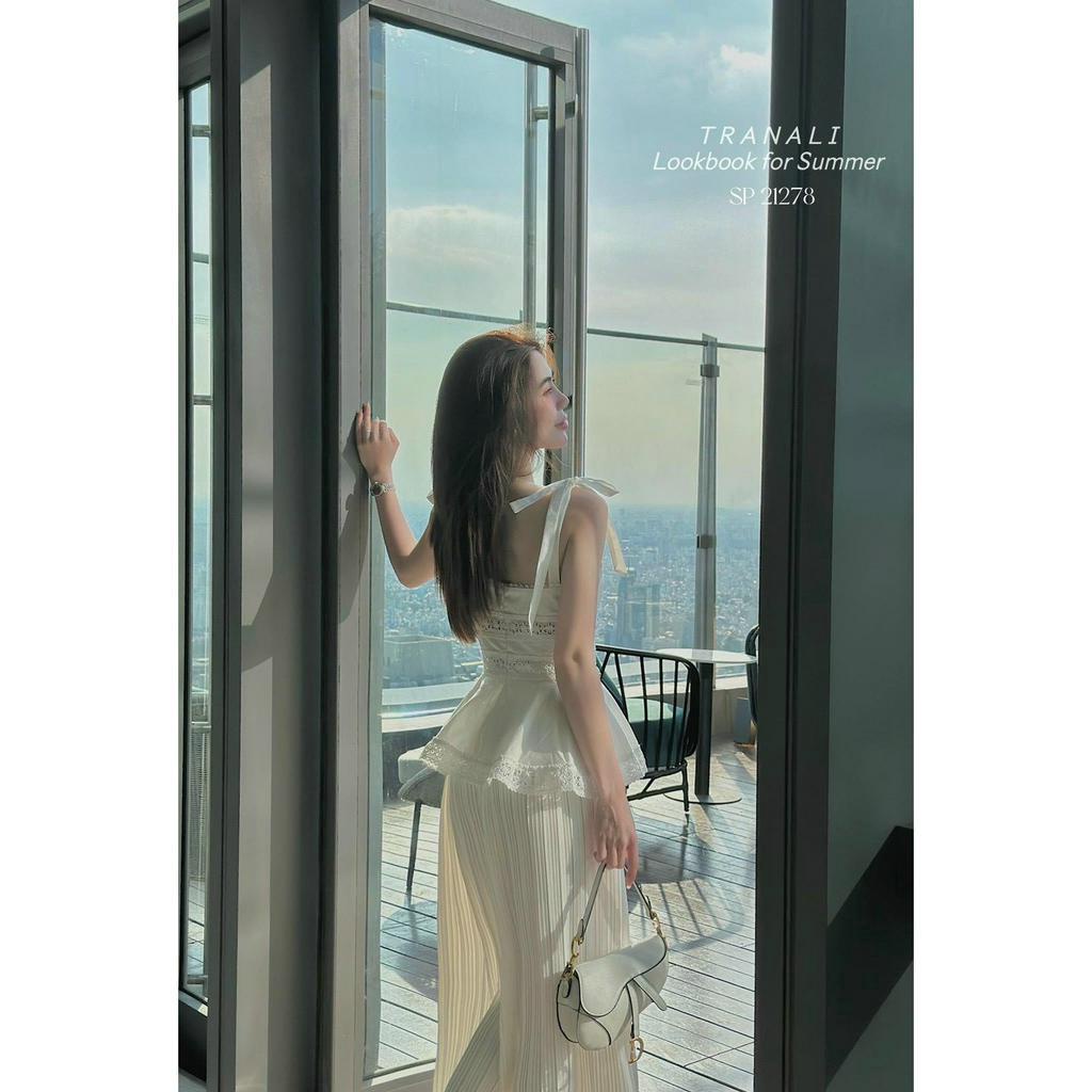 SET ÁO PEPLUM REN NƠ VAI + QUẦN DẬP LY TRẮNG SUÔNG