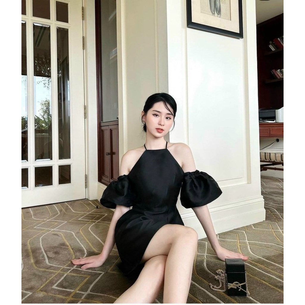 Đầm Tiểu Thư Tay Phồng Cổ Yếm, Váy Nữ Đi Tiệc Đơn Giản Màu Đen Trắng, Váy Rớt Vai Dáng Xoè Mặc Đi Chơi