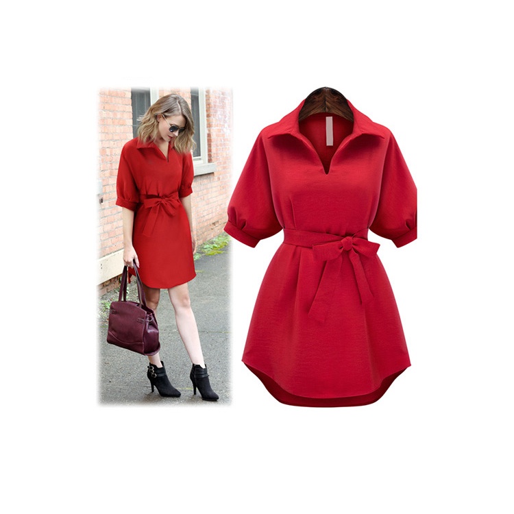 Váy áo sơ mi cổ chữ V from rộng, dây cột eo trẻ trung, năng động