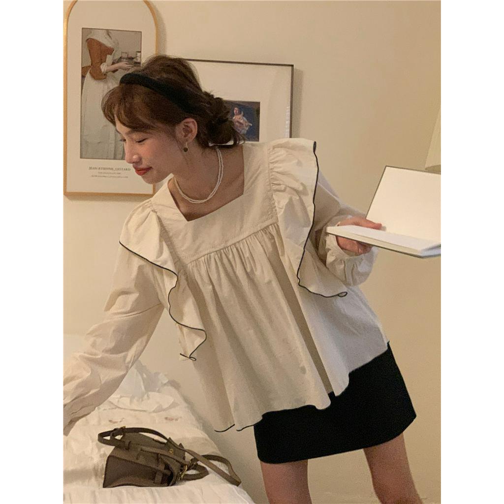 Áo Sơ Mi Dài Tay Cổ Vuông Thêu Họa Tiết Phong Cách Hàn Quốc 56363