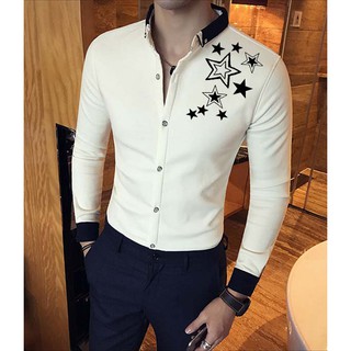 Áo Sơ Mi Nam Trắng Phối Cổ Xanh Hoạ Tiết Ngôi Sao Cao Cấp