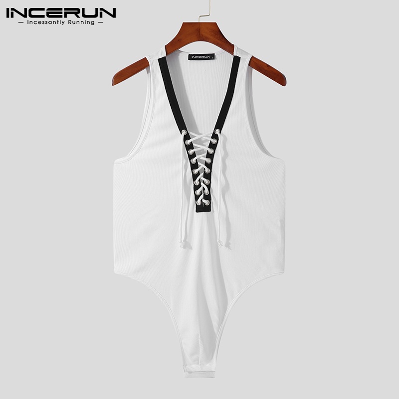 Áo liền quần INCERUN mỏng cổ sâu chữ V không tay phối dây buộc phong cách gợi cảm cho nam