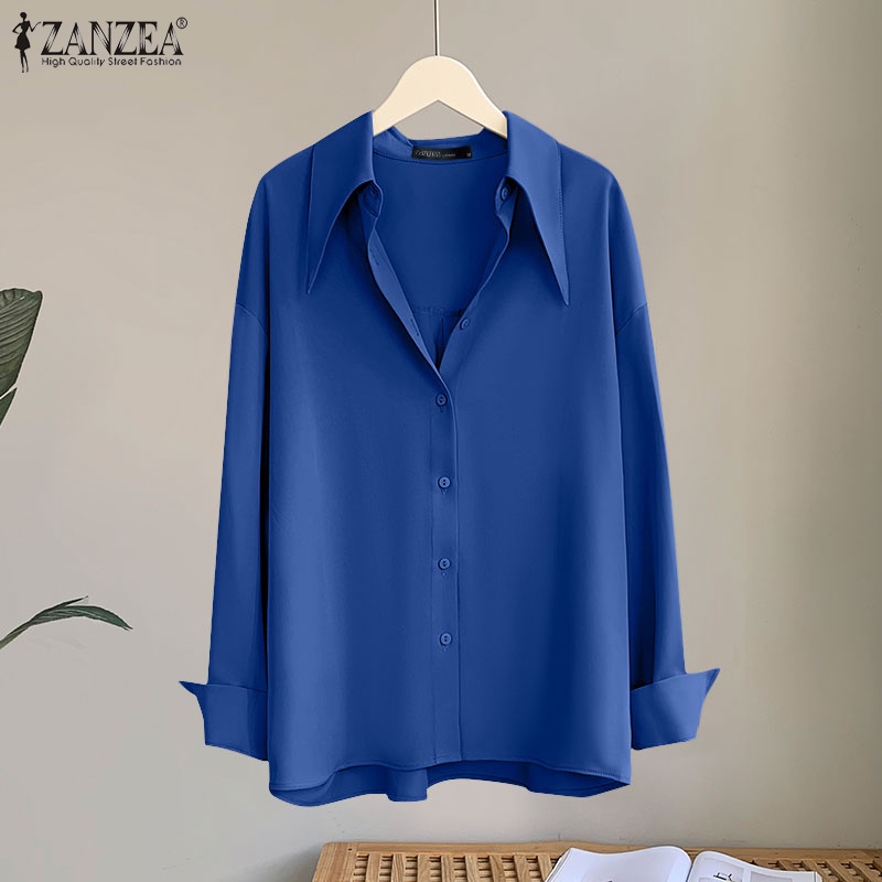 Áo sơ mi nữ ZANZEA tay dài dáng rộng cài nút màu trơn đơn giản dễ phối đồ