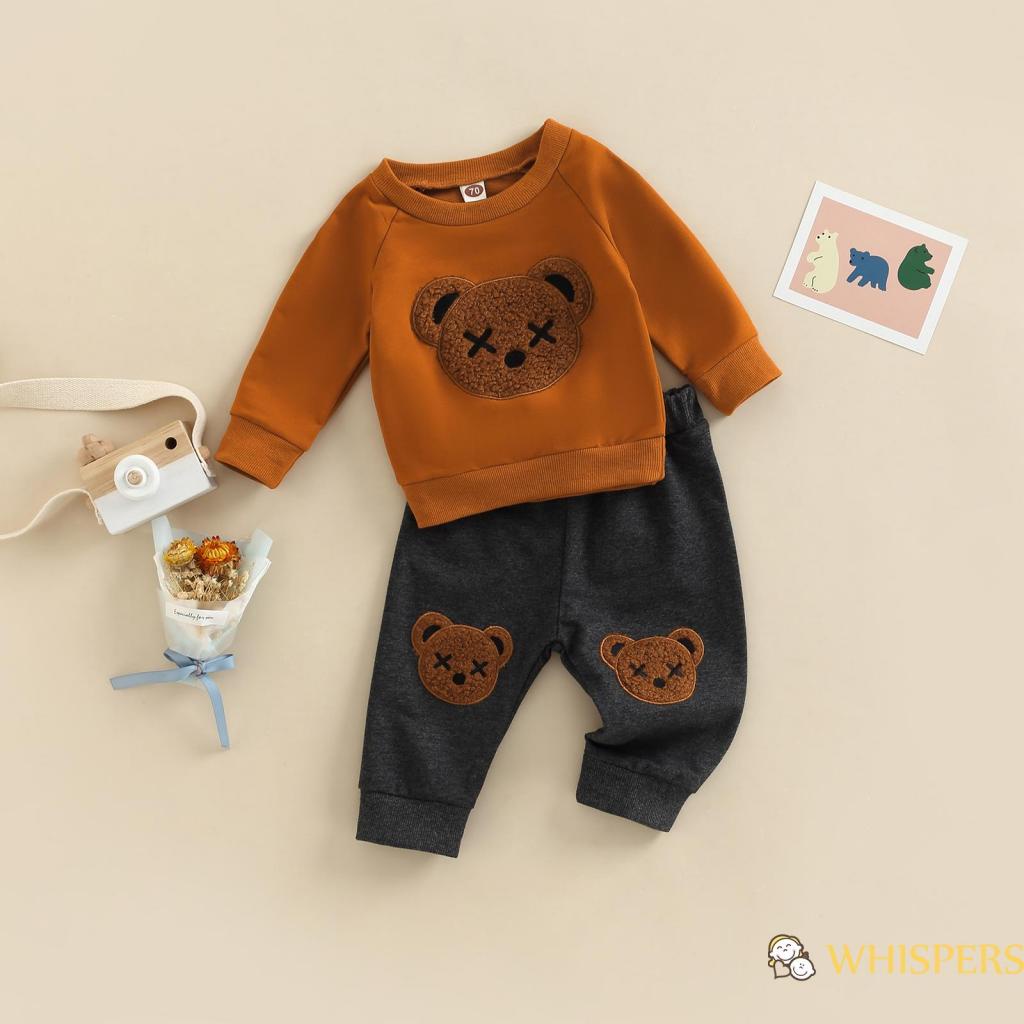 Set Áo Thun Tay Dài Cổ Tròn Thêu Hình Gấu + Quần Dài Lưng Thun Cho Bé Trai