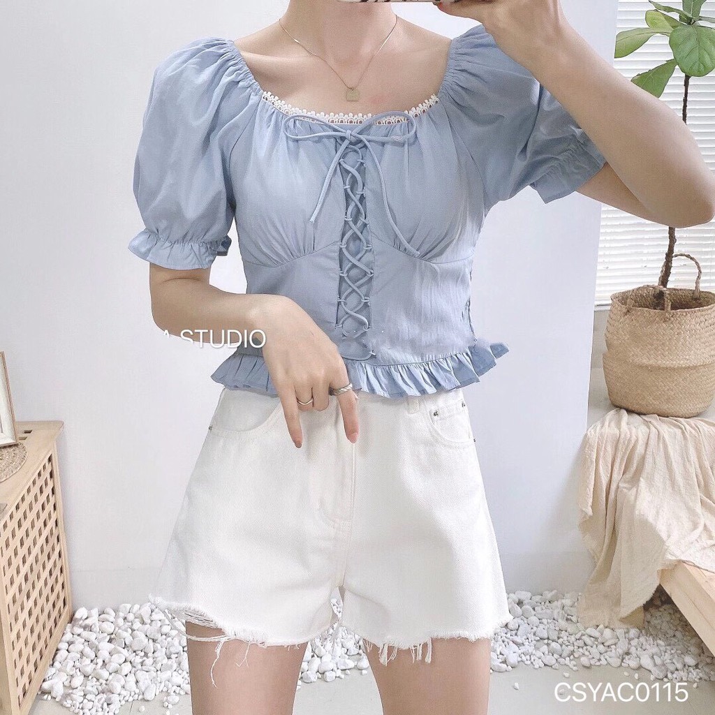 Áo crotop nữ cổ vuông đan dây trước LYRA, thiết kế dáng ôm ngắn tay thời trang màu pastel nhẹ nhàng-CSYAC0115