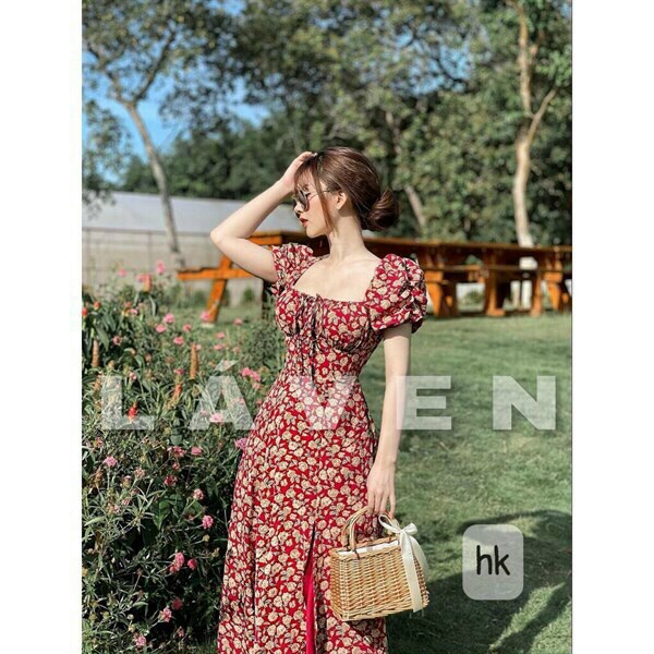 (Sale FreeShip) Đầm maxi hoa nhí đi biển,đầm nữ cổ vuông tay phồng xẻ tà cực xinh,chất lụa cao cấp hàng chuẩn from