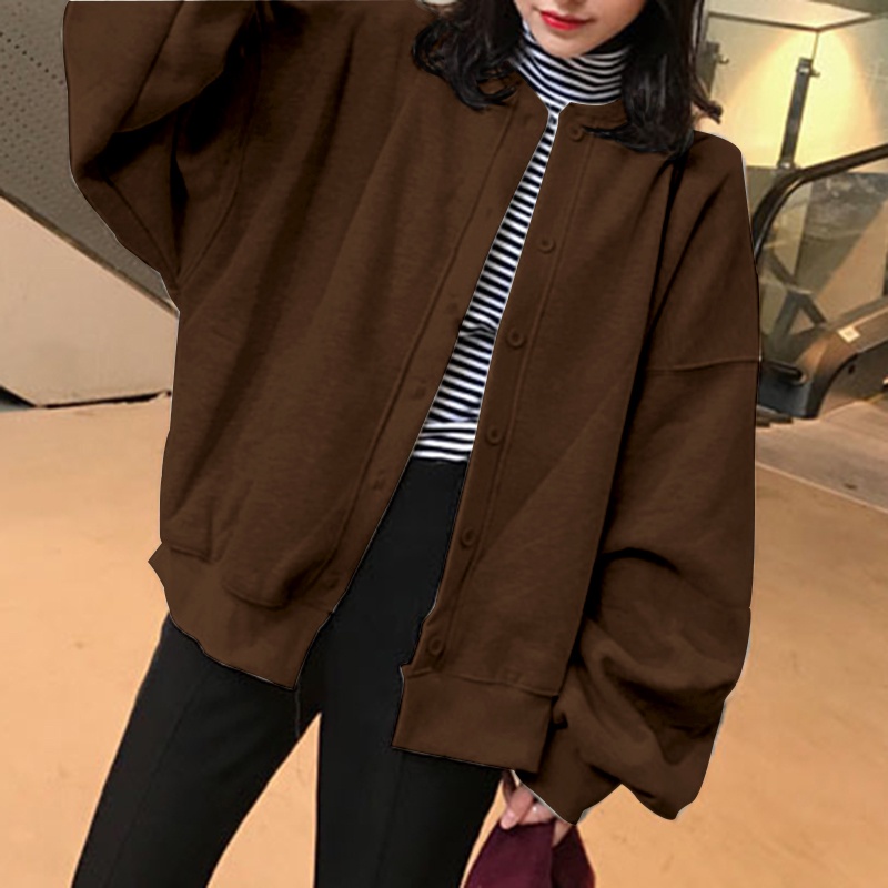 Áo khoác ZANZEA dáng rộng và dài thiết kế tay phồng cổ tròn màu trơn thời trang cho nữ