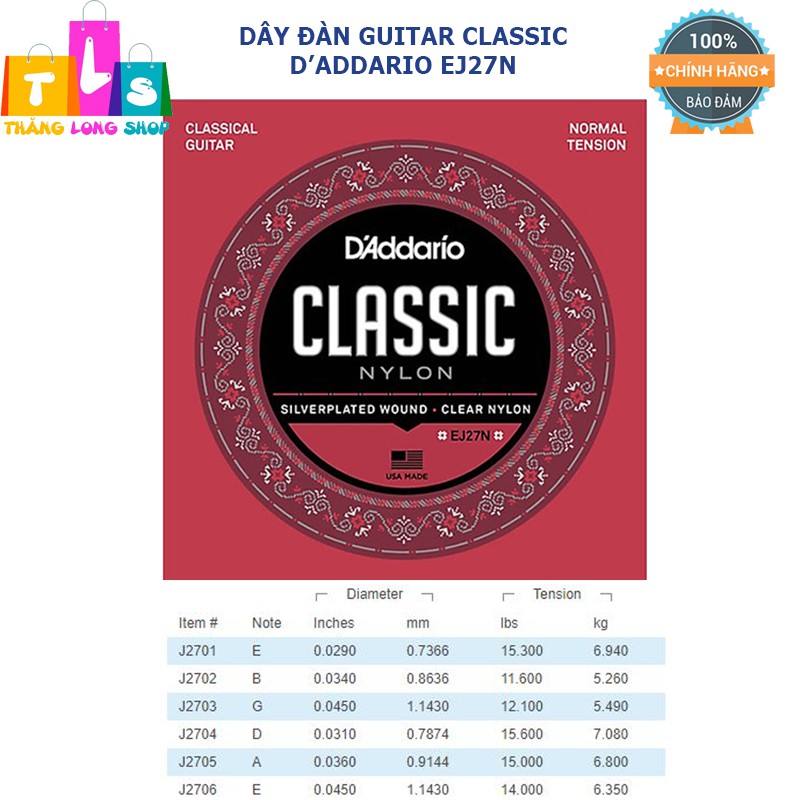 [Chính hãng] D'Addario EJ27N - Dây đàn guitar Classic D'addario EJ27 Student Nylon Classical Guitar Strings