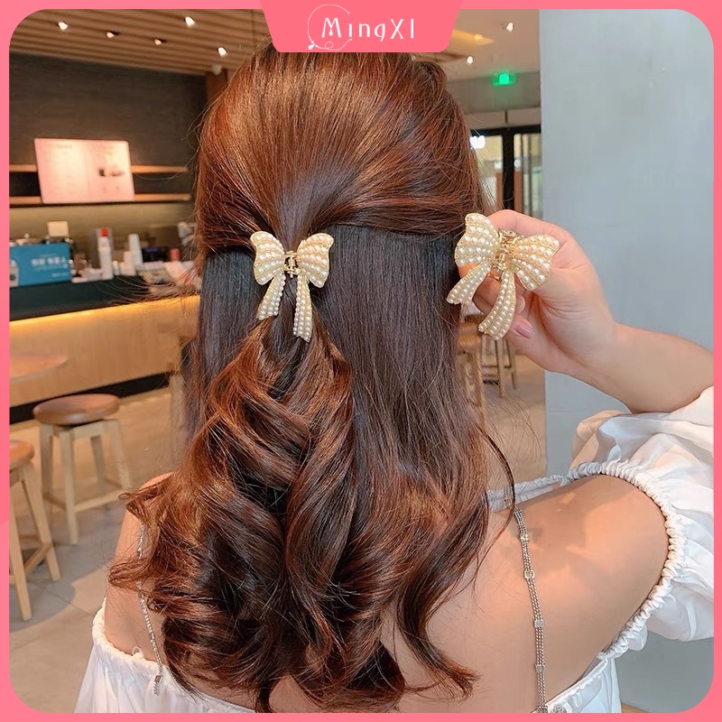 Kẹp Tóc Kim Loại Hình Nơ Đính Ngọc Trai Nhân Tạo Thời Trang