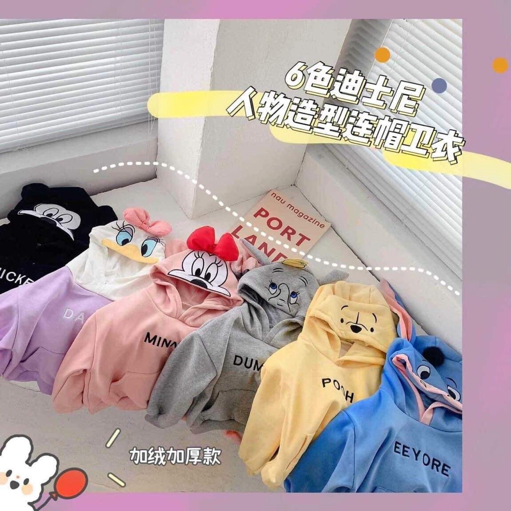 Áo nỉ bông hoodie có mũ nhân vật hoạt hình gấu Pooh, vịt donal , mickey, minie bé trai bé gái mềm mịn, ấm nhẹ