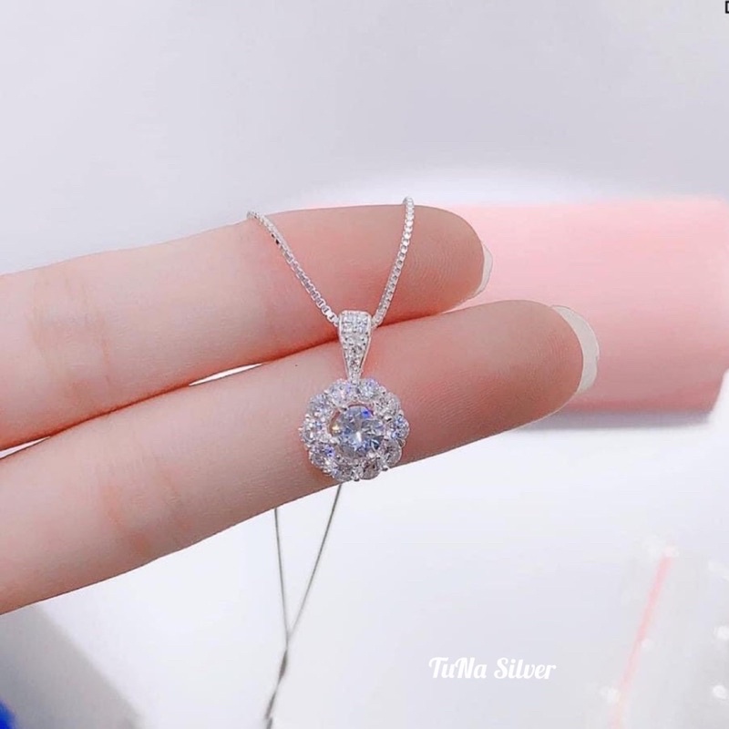 Dây chuyền Bạc mặt gắn đá pha lê, Vòng cổ Bạc nữ tròn đính đá cao cấp TUNASILVER,  𝐂𝐚𝐦 𝐤𝐞̂́𝐭 𝐜𝐡𝐮𝐚̂̉𝐧 𝐁𝐚̣𝐜