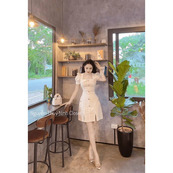 Đầm Nữ Tay Bồng Chiết Eo Phối Nút Bọc Thiết Kế Nhẹ Nhàng Chất Cotton Lạnh Có Mút Dáng Xinh NEW UNISEX