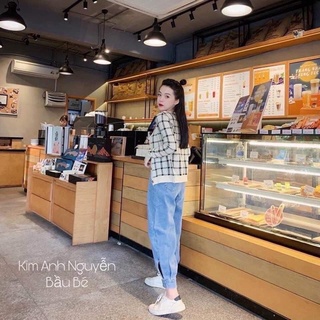 quần bò cạp chun sau cúc gấu