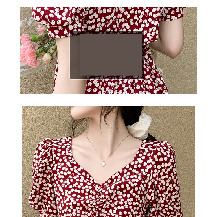 Váy Maxi Cổ Tim Tay Bồng Dáng Dài Thanh Lịch Phối Họa Tiết Quả Cherry Thiết Kế Hở Lưng Siêu Xinh
