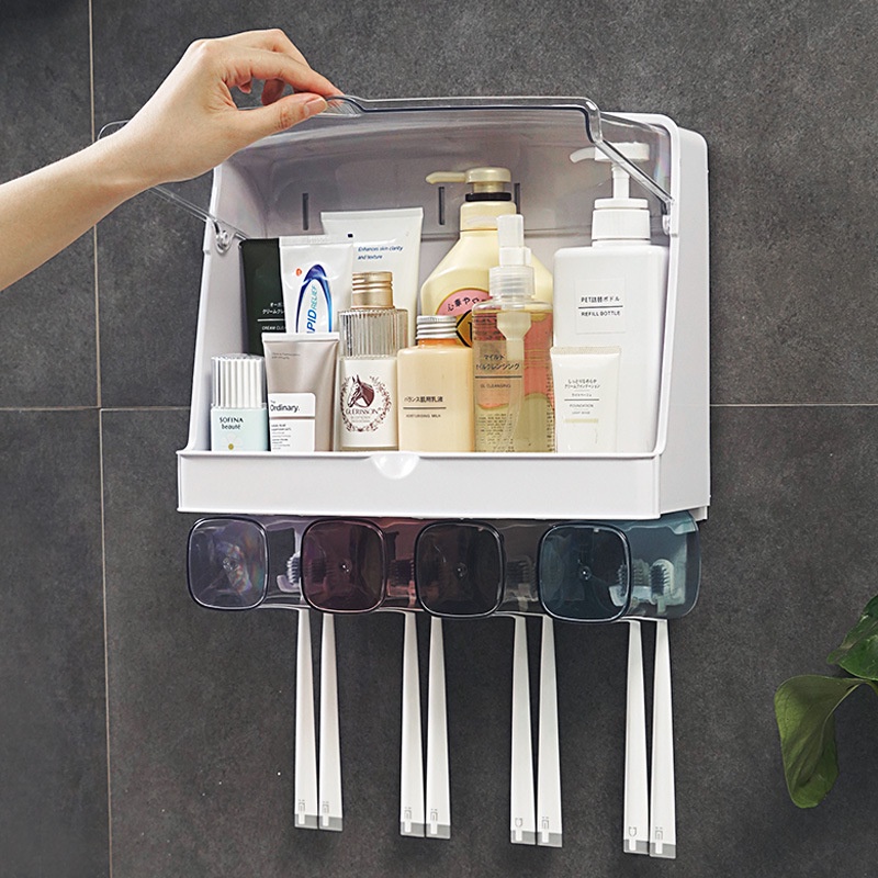 Kệ đựng mỹ phẩm, dụng cụ nhà tắm kèm 4 ly có nắp chắn nước gắn tường tiết kiệm diện tích