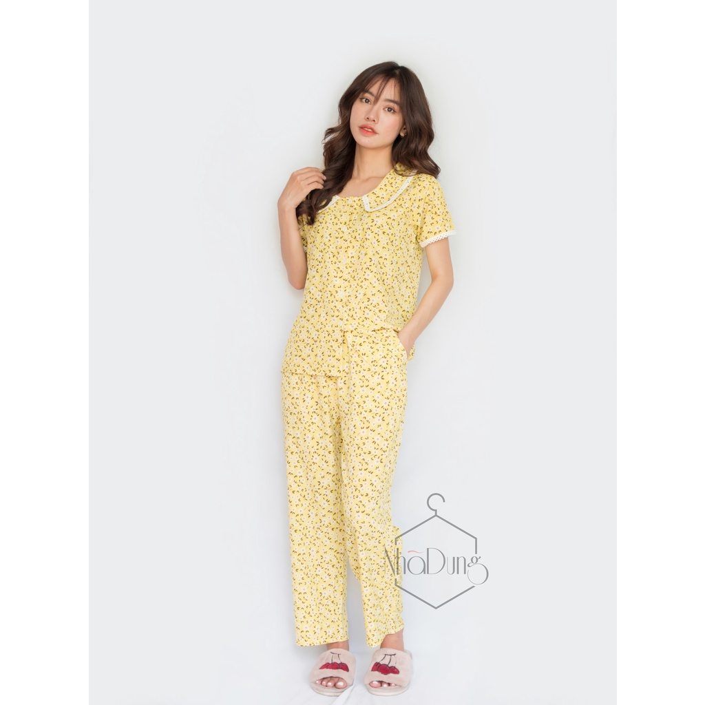 &lt;A01&gt; Đồ bộ nữ mặc nhà quần dài vải lụa cao cấp hoa nhí xinh xắn Nhã Dung Store dưới 65kg