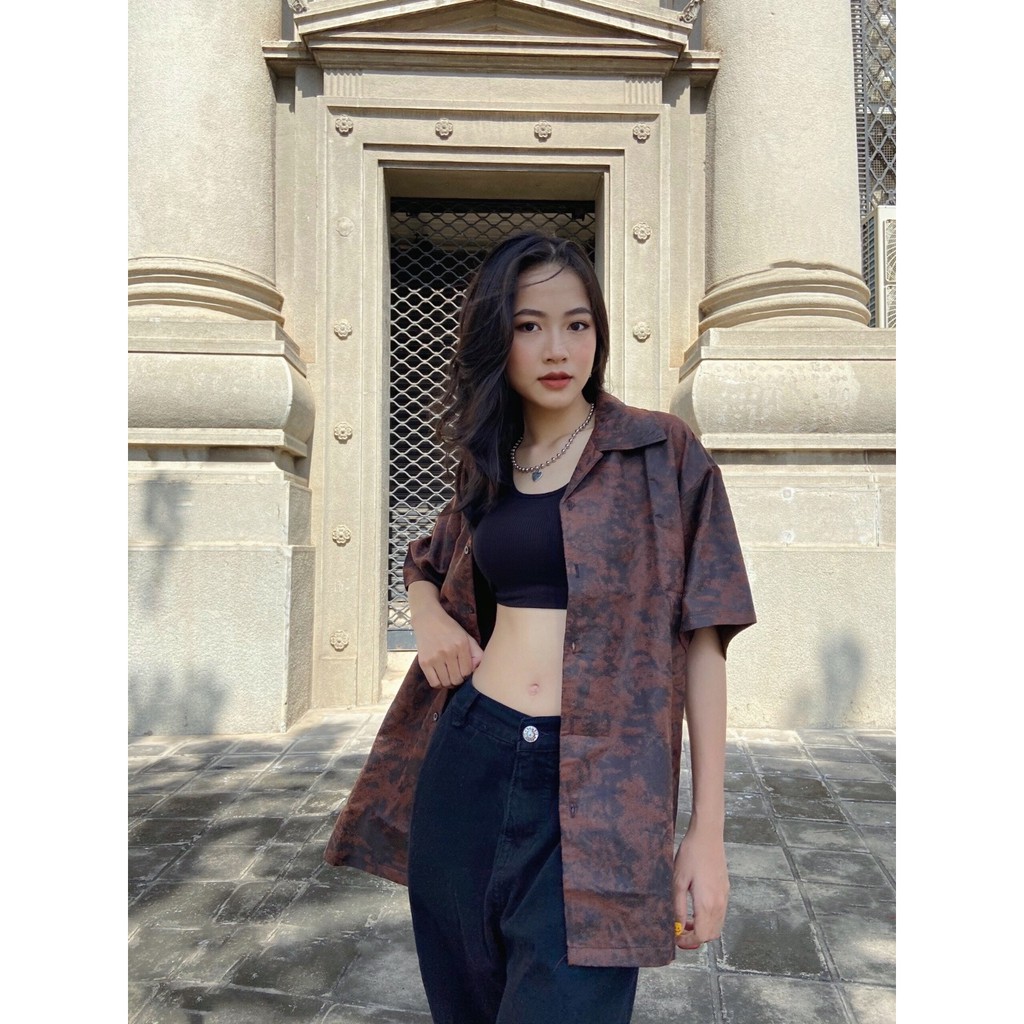 Áo Sơ Mi Ngắn Tay Nam Nữ Phom Rộng FVNXY Wax Nâu Thời Thượng | BigBuy360 - bigbuy360.vn