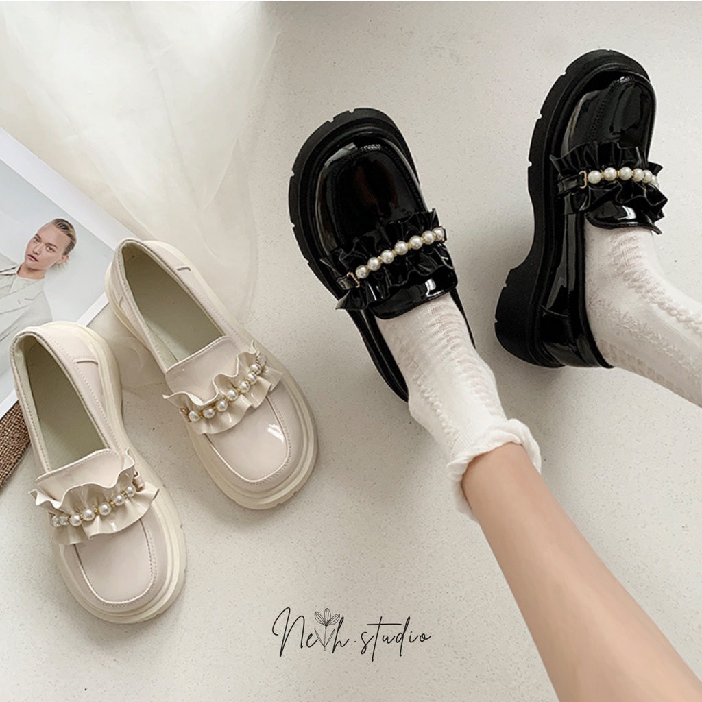 Giày ulzzang nữ da mềm phối ngọc trai đế bằng siêu xinh neih.studio (Ảnh thật ở cuối)