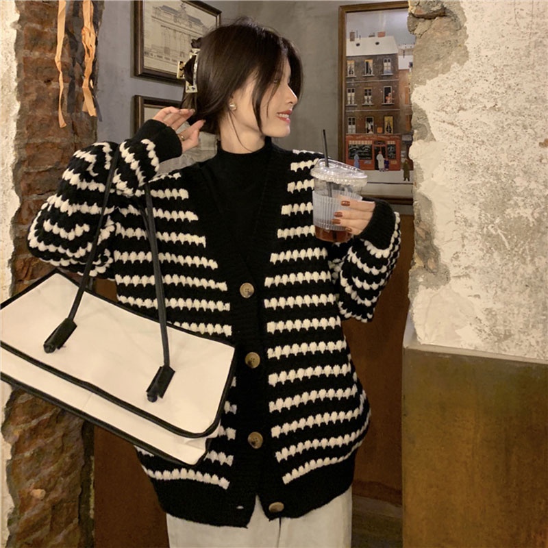 Áo khoác cardigan XINLANYASHE dệt kim cổ chữ V dáng rộng kẻ sọc thời trang thu đông dành cho nữ áo khoác lông tim