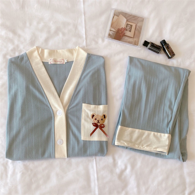 Bộ đồ ngủ tay dài phong cách Hàn Quốc thời trang xuân thu mới cho nữ