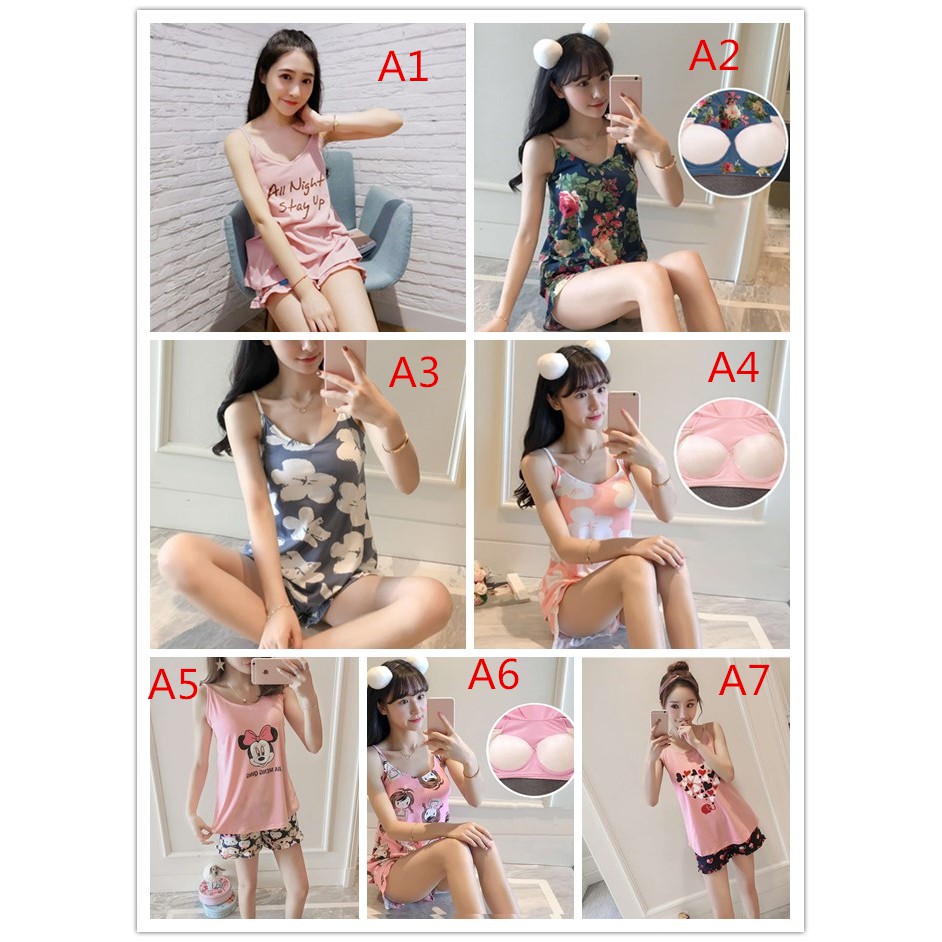 Set đồ ngủ áo 2 dây kèm quần sọt in chữ phối họa tiết hoạt hình dễ thương cho nữ