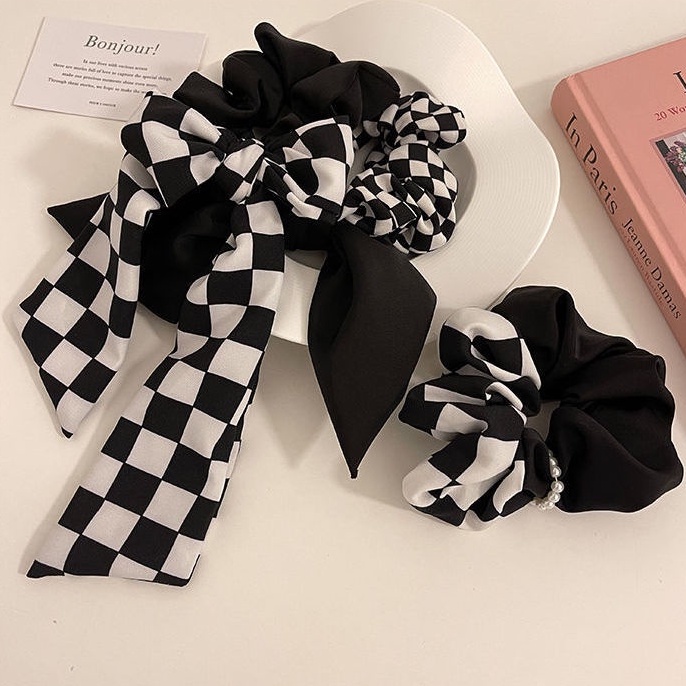 Dây Buộc Tóc Họa Tiết Sọc Caro Trắng Đen Đơn Giản Thời Trang Hàn Quốc