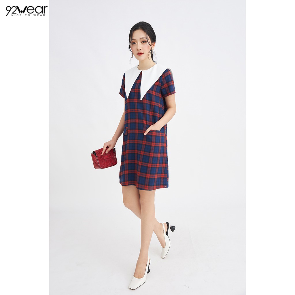 Đầm váy suông nữ công sở 92WEAR 2 MÀU, đủ size, phối cổ bản to DXW0783