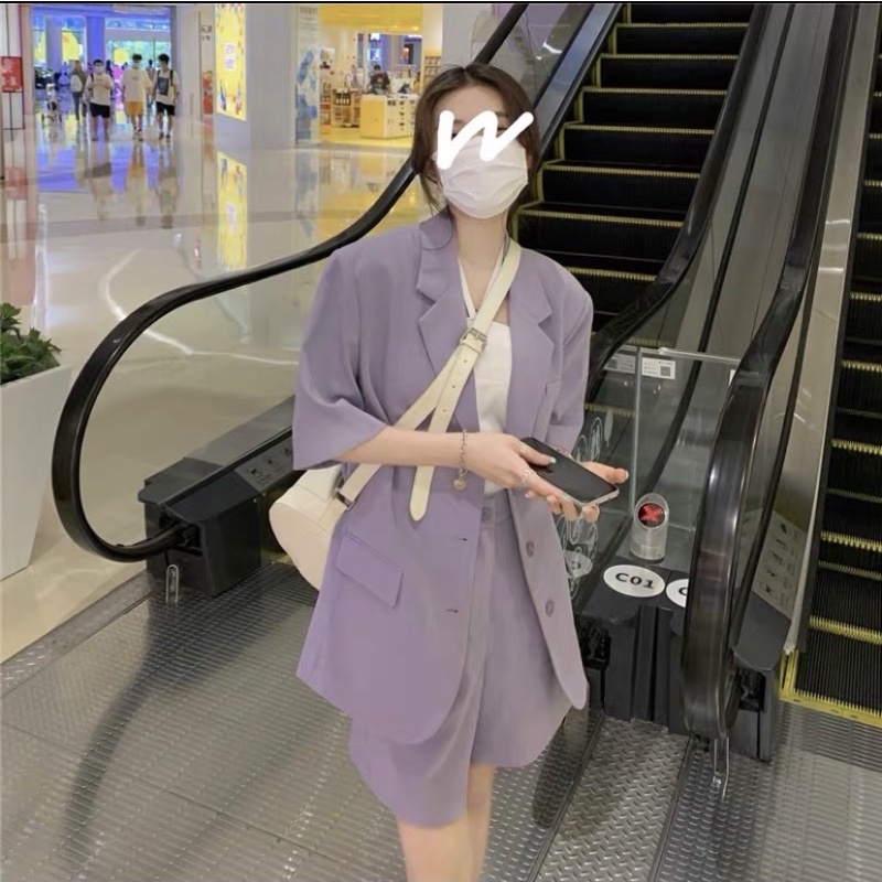 Set áo khoác blazer và quần short, bộ blazer phong cách Hàn Quốc màu tím dành cho nữ