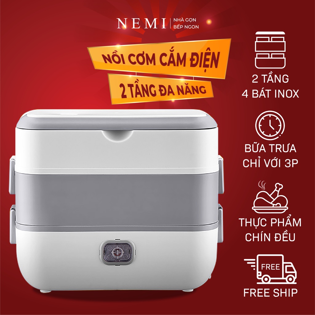 Hộp Cơm Cắm Điện NEMI 2 Tầng Với 2 Bát 4 Bát Inox Phong Cách Nhật