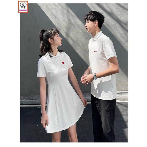 Đầm nữ + áo sơ mi nam trái tim, Váy thun đôi nam nữ polo đủ size cao cấp