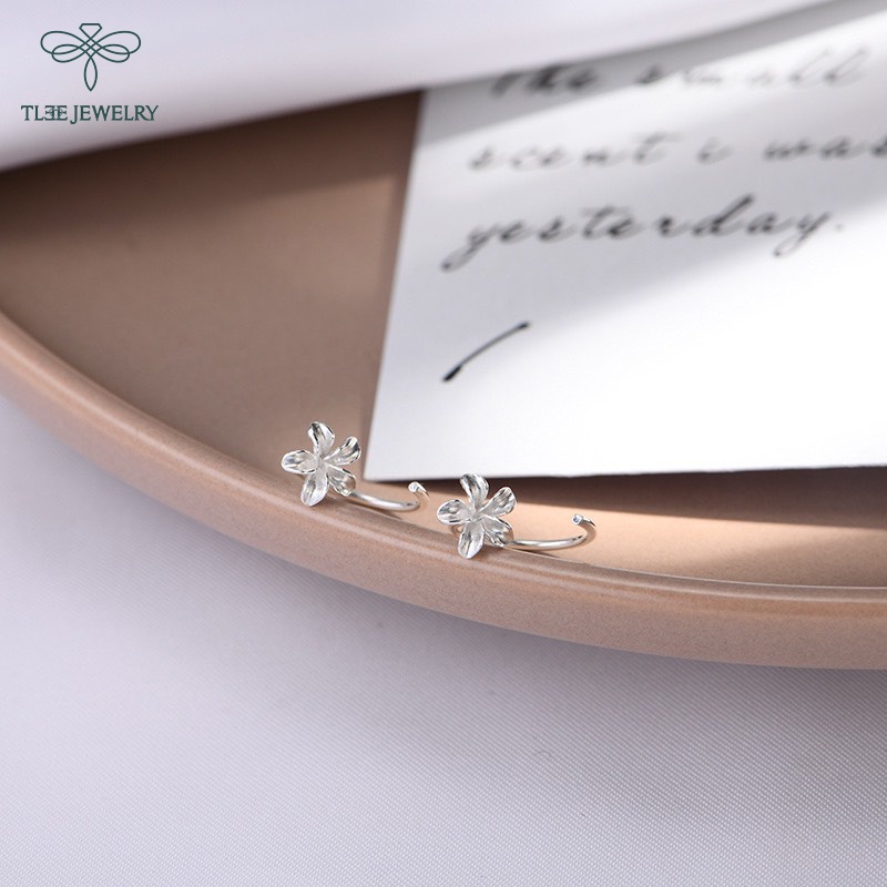 Khuyên tai bạc nữ TLEE hoa sứ mini dáng cong xinh xắn TleeJewelry B0222
