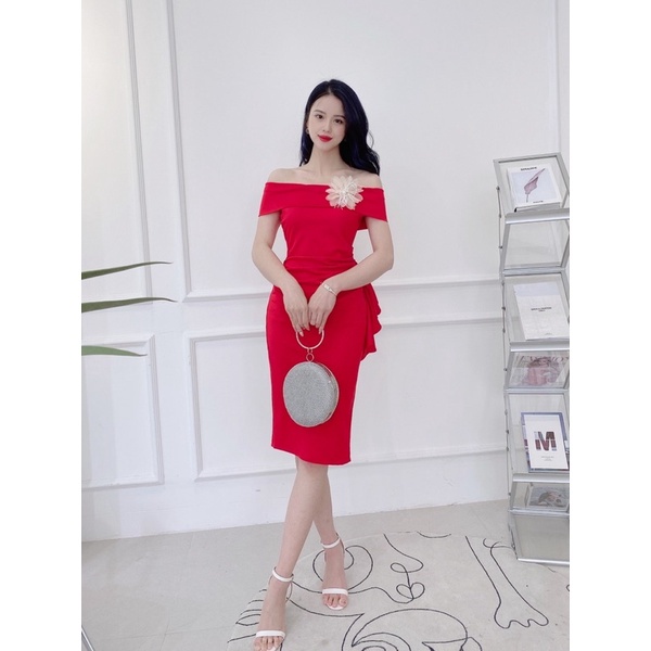 Đầm trắng trễ vai thắt nơ hoa đi chơi, dự tiệc body ôm dáng dài | BigBuy360 - bigbuy360.vn